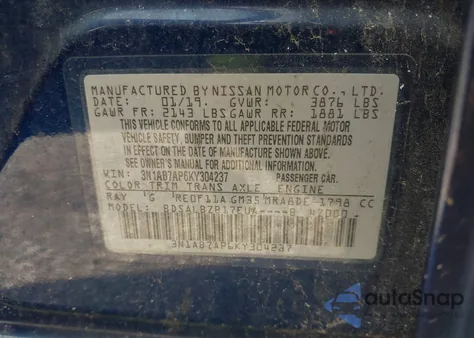 2019 Nissan Sentra S из США, поврежденный, VIN 3N1AB7AP6KY304237